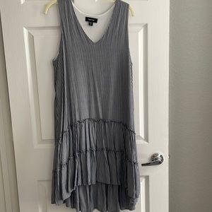 Karen, Kane, sleeveless, V-neck dress blue and white stripe